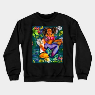 Mermaid checking her phone with Koi fish in koi pond with plants and flowers Crewneck Sweatshirt